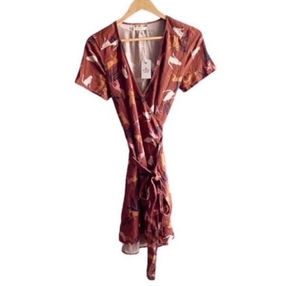 NWT Marine Layer Leonora Cheetah Cat Wrap Dress Rust Large - Picture 4 of 7